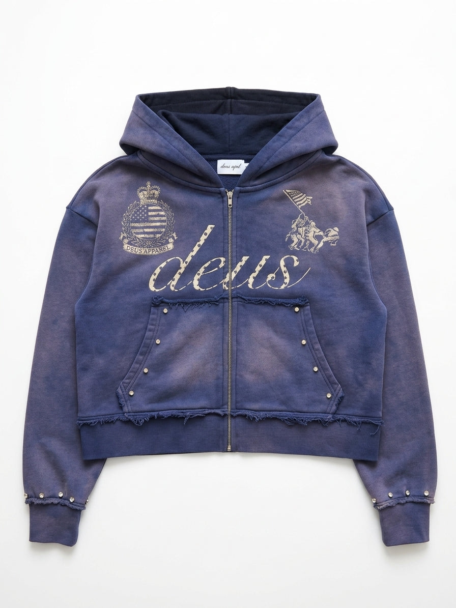 Custom Zip-Up Hoodie | Raw-Edge Distressing & Studded Hardware | Wholesale Cut & Sew OEM Manufacturing