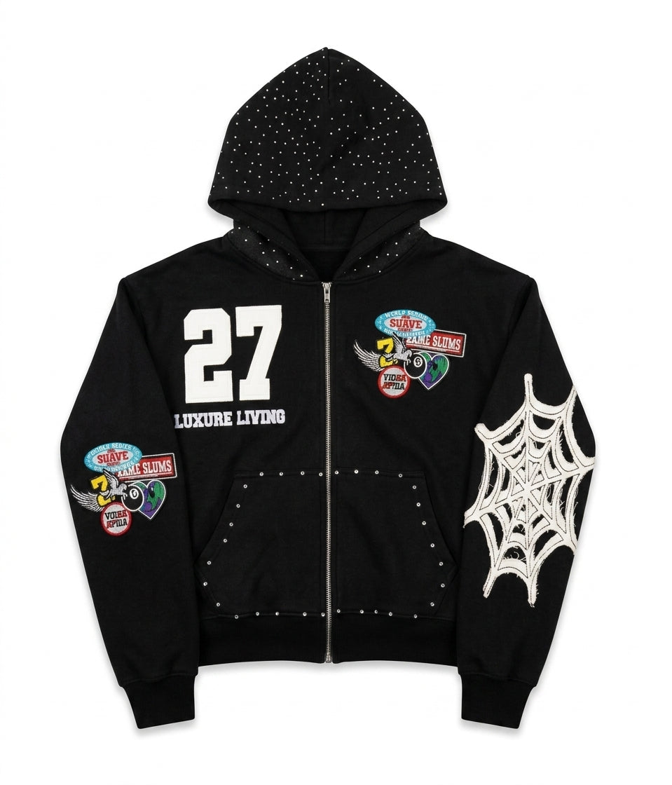 Custom Zip-Up raw-edge appliqué rhinestones Hoodie | Spiderweb Patchwork & Studded Trim | Wholesale Cut & Sew OEM Manufacturing
