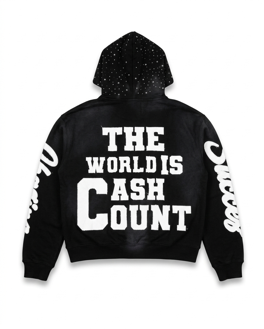 Custom Heavyweight Distressed Streetwear Full-Zip Hoodie | Rhinestone & Custom Zip Puller | Bulk Orders & Wholesale