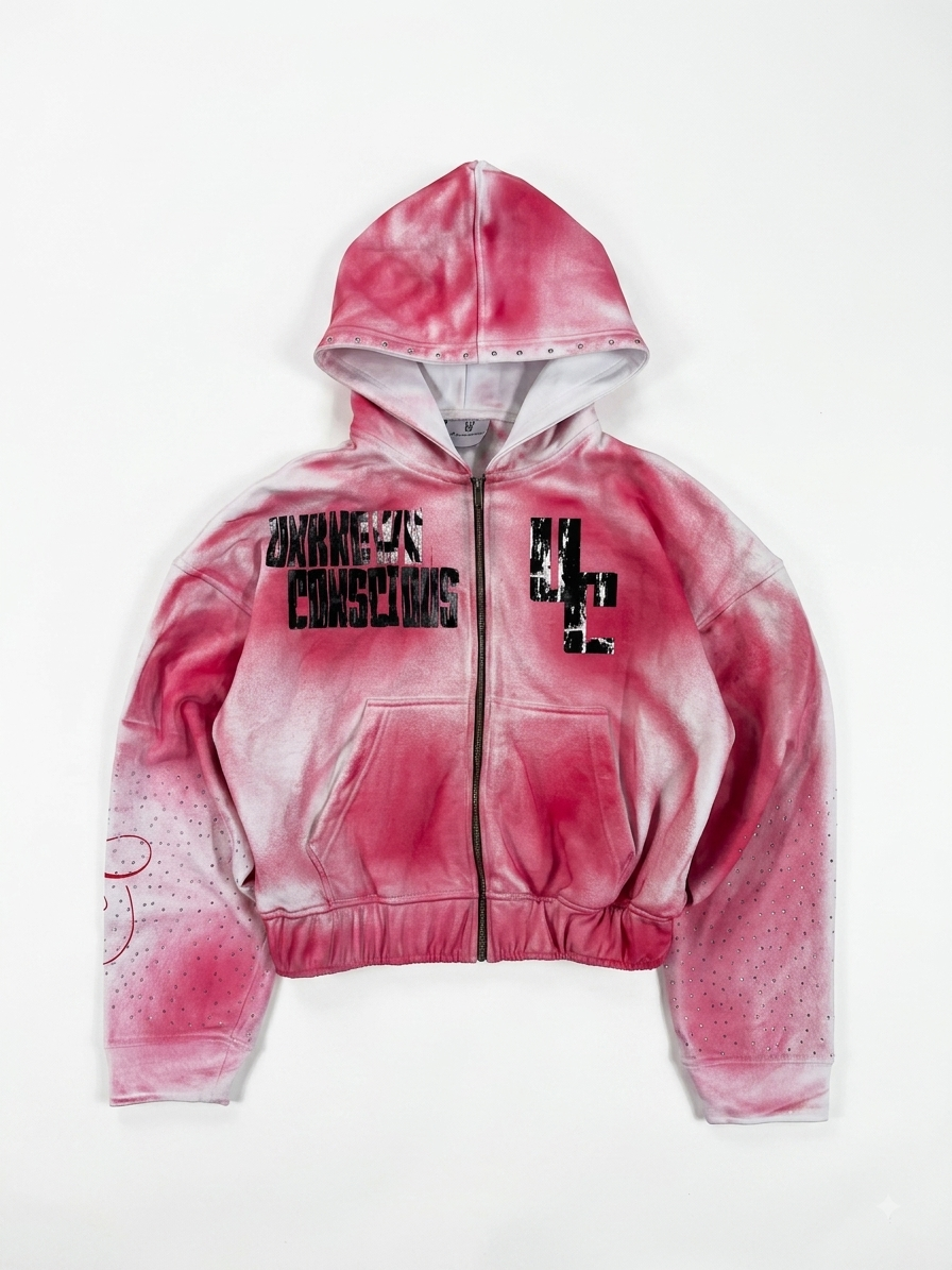 Custom Zip-Up Rhinestone Hoodie | Airbrush Dye Wash & Typography | Wholesale Cut & Sew OEM Manufacturing