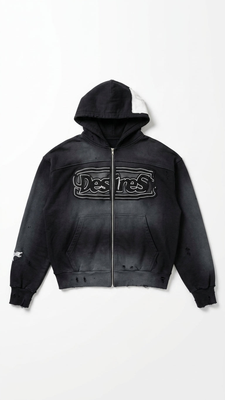 Custom acid-wash contrasting hood panel Zip-Up Hoodie | Split-Zipper Appliqué Embroidery | Wholesale Cut & Sew OEM Manufacturing