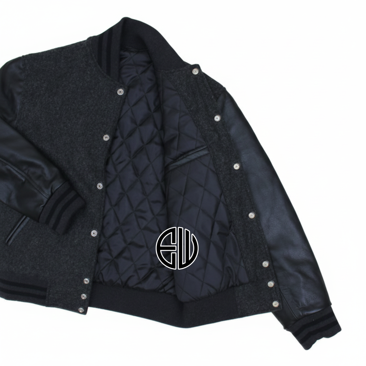 Dark Gray Wool Black Leather Sleeves Varsity Baseball Jacket