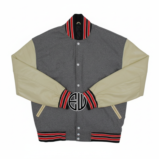 Gray Wool Cream Leather Sleeves Varsity Baseball Jacket