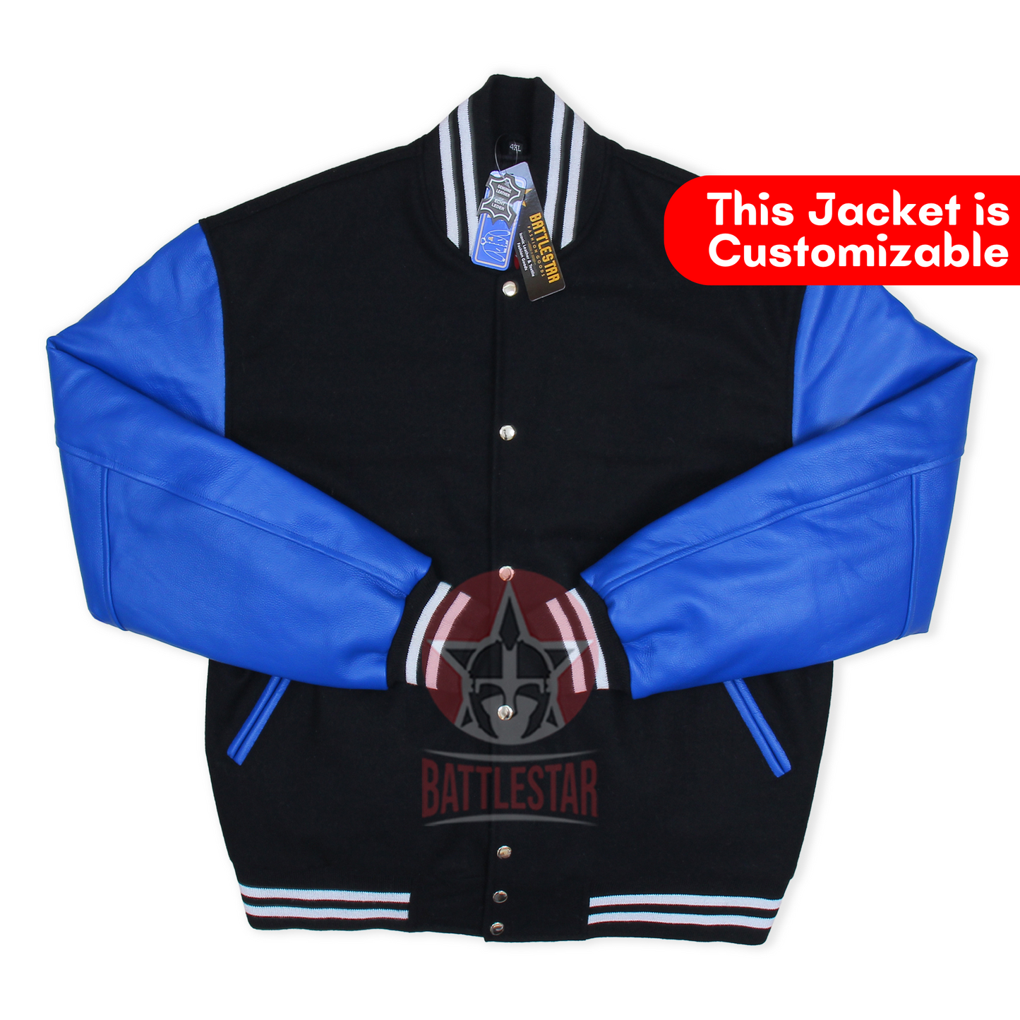 Beige Wool Blue Leather Multi-Rib Varsity Baseball Classic Jacket