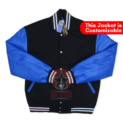 Beige Wool Blue Leather Multi-Rib Varsity Baseball Classic Jacket