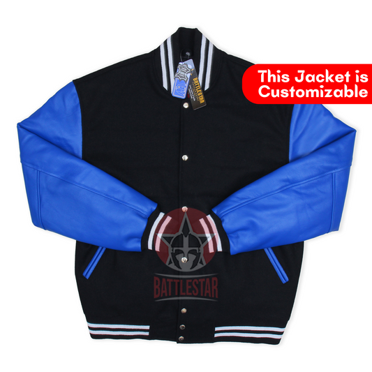 Beige Wool Blue Leather Multi-Rib Varsity Baseball Classic Jacket