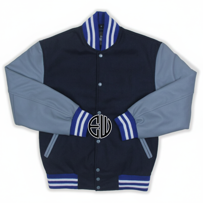 Navy Blue Wool Gray Leather Sleeves Varsity Jacket