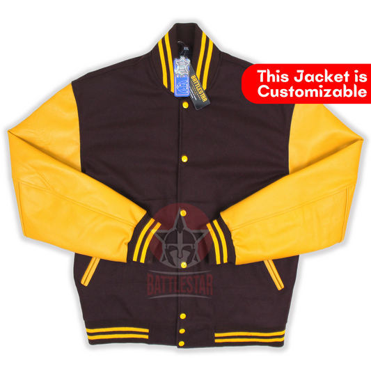 Brown Wool Gold Yellow Leather Sleeves Varsity Jacket
