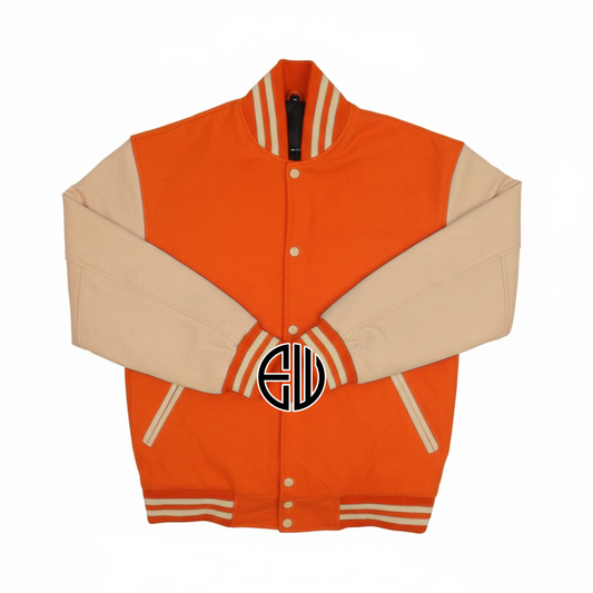 Orange Wool Cream Leather Sleeves Varsity Jacket
