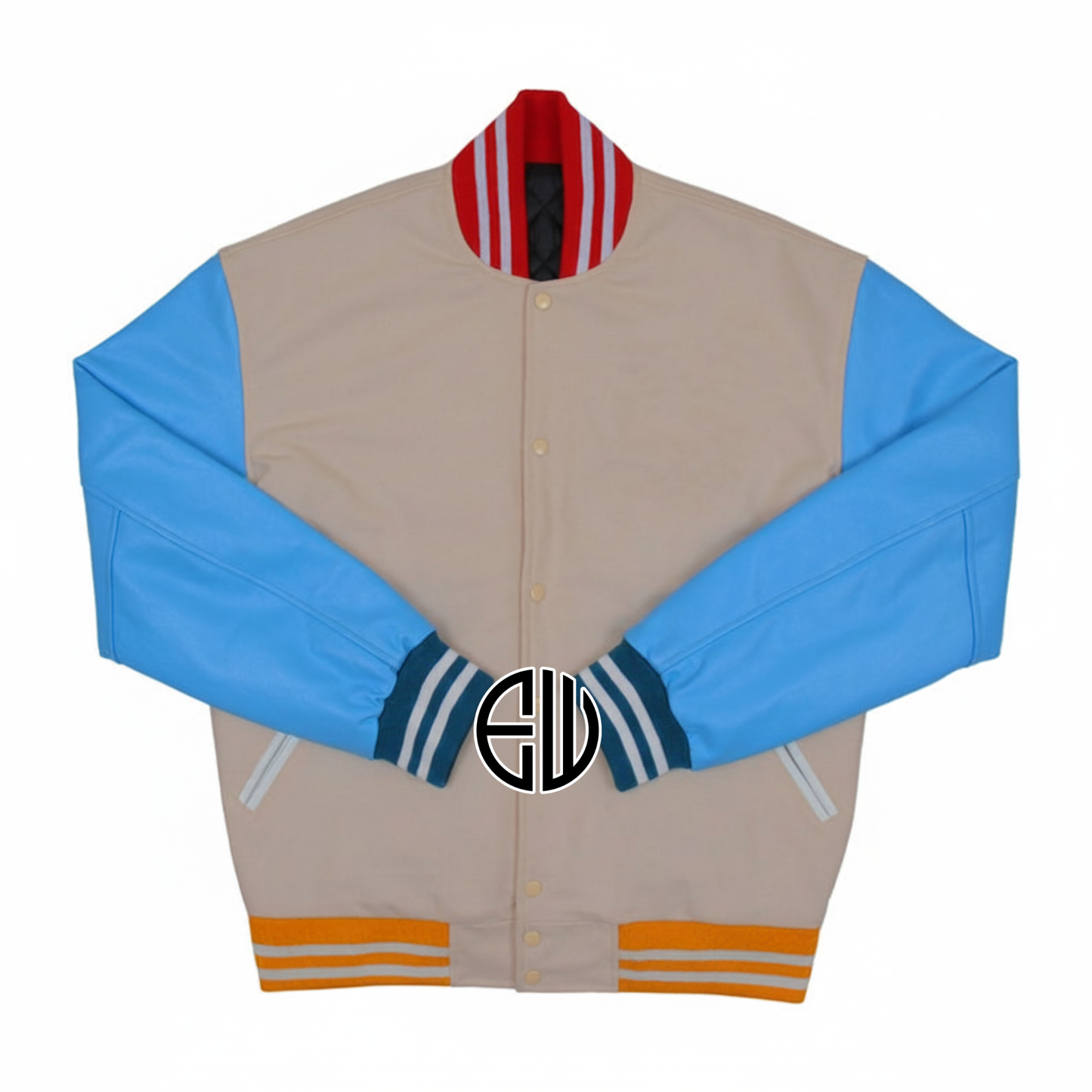 Beige Wool Blue Leather Multi-Rib Varsity Baseball Classic Jacket