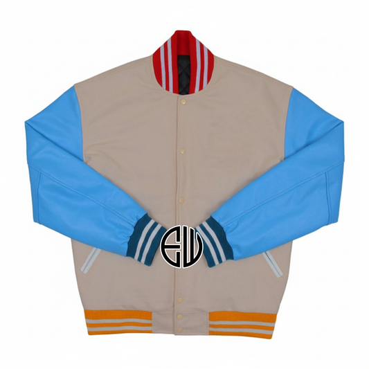 Beige Wool Blue Leather Multi-Rib Varsity Baseball Classic Jacket