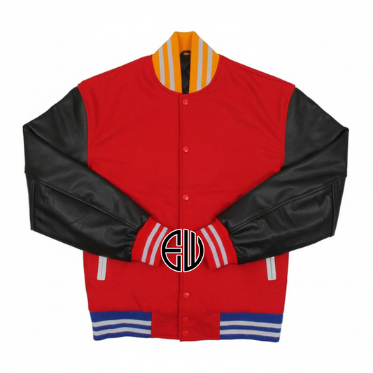 Red Wool Black Leather Varsity Baseball Jacket