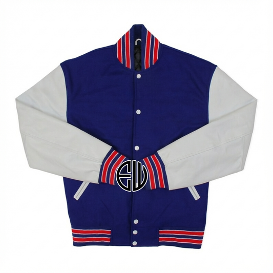 Royal Blue Wool White Leather Sleeves Varsity Jacket