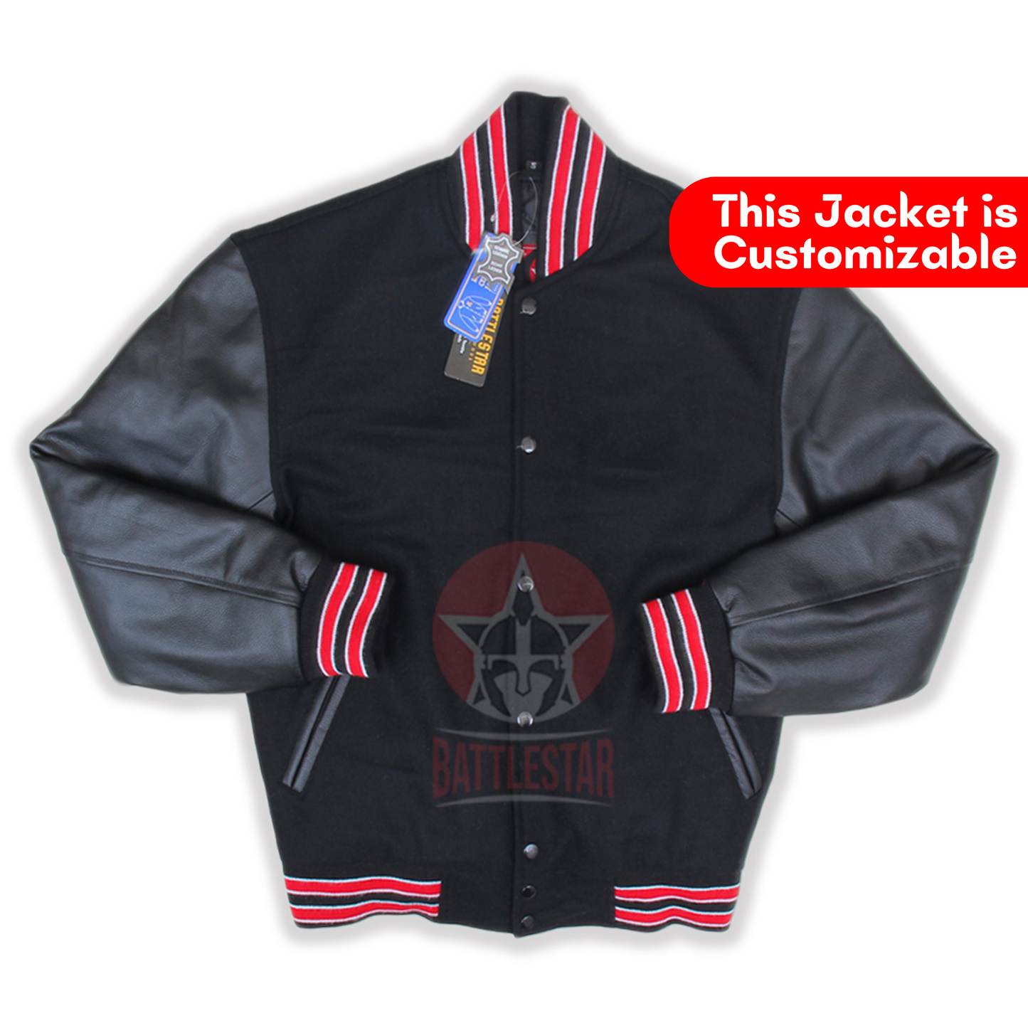 Black Wool Leather Varsity Jacket Black Red Rib With White Feathering