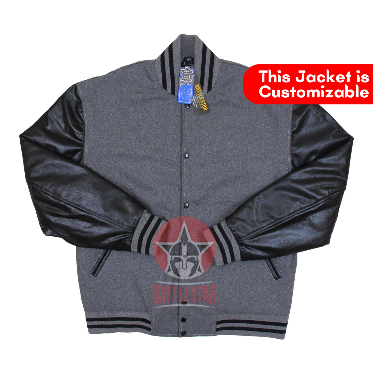 Gray Wool Black Leather Sleeves Varsity Baseball Jacket