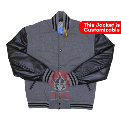 Gray Wool Black Leather Sleeves Varsity Baseball Jacket