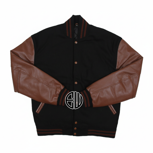 Black Wool Brown Leather Sleeves Varsity Baseball Bomber Jacket
