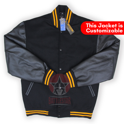 Black Wool Leather Sleeves Gold Rib Varsity Jacket