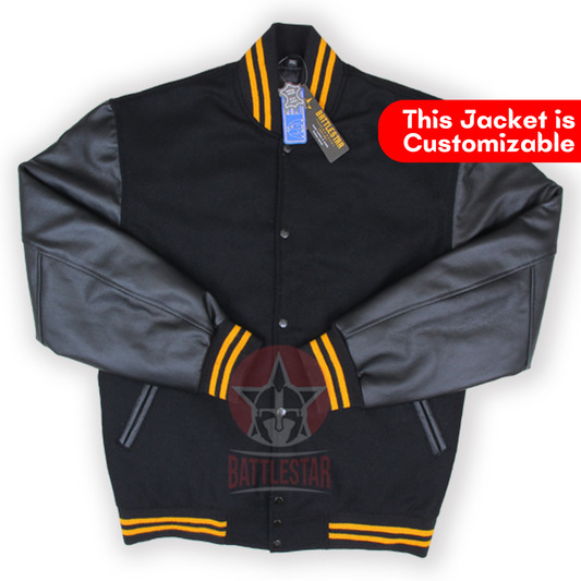 Black Wool Leather Sleeves Gold Rib Varsity Jacket