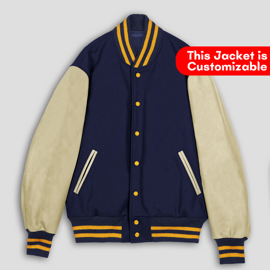 Navy Blue Wool Cream Leather Sleeves Varsity Jacket