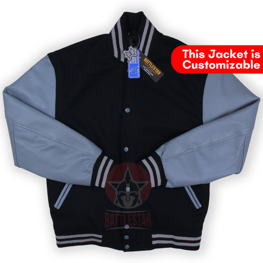 Black Wool Grey Leather Sleeves Varsity Baseball Jacket