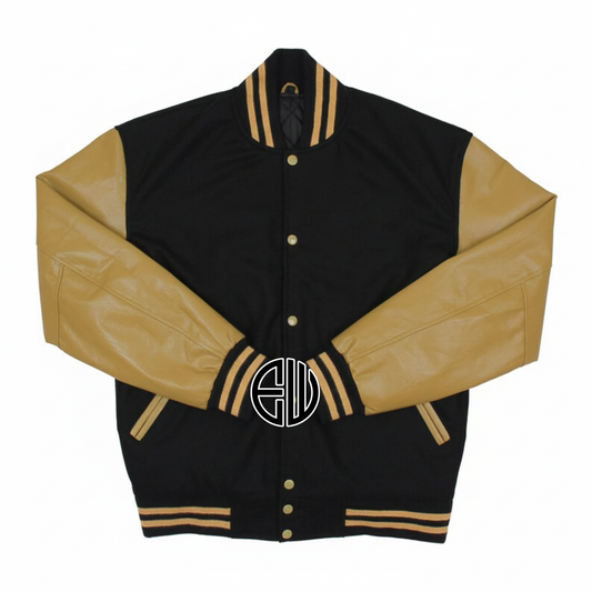 Black Wool Tan Leather Varsity Baseball Classic Jacket