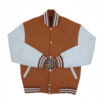 Brown Wool White Leather Sleeves Varsity Baseball Jacket