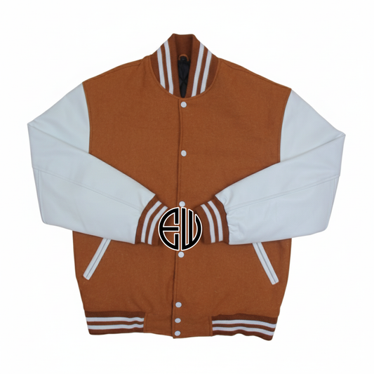 Brown Wool White Leather Sleeves Varsity Baseball Jacket
