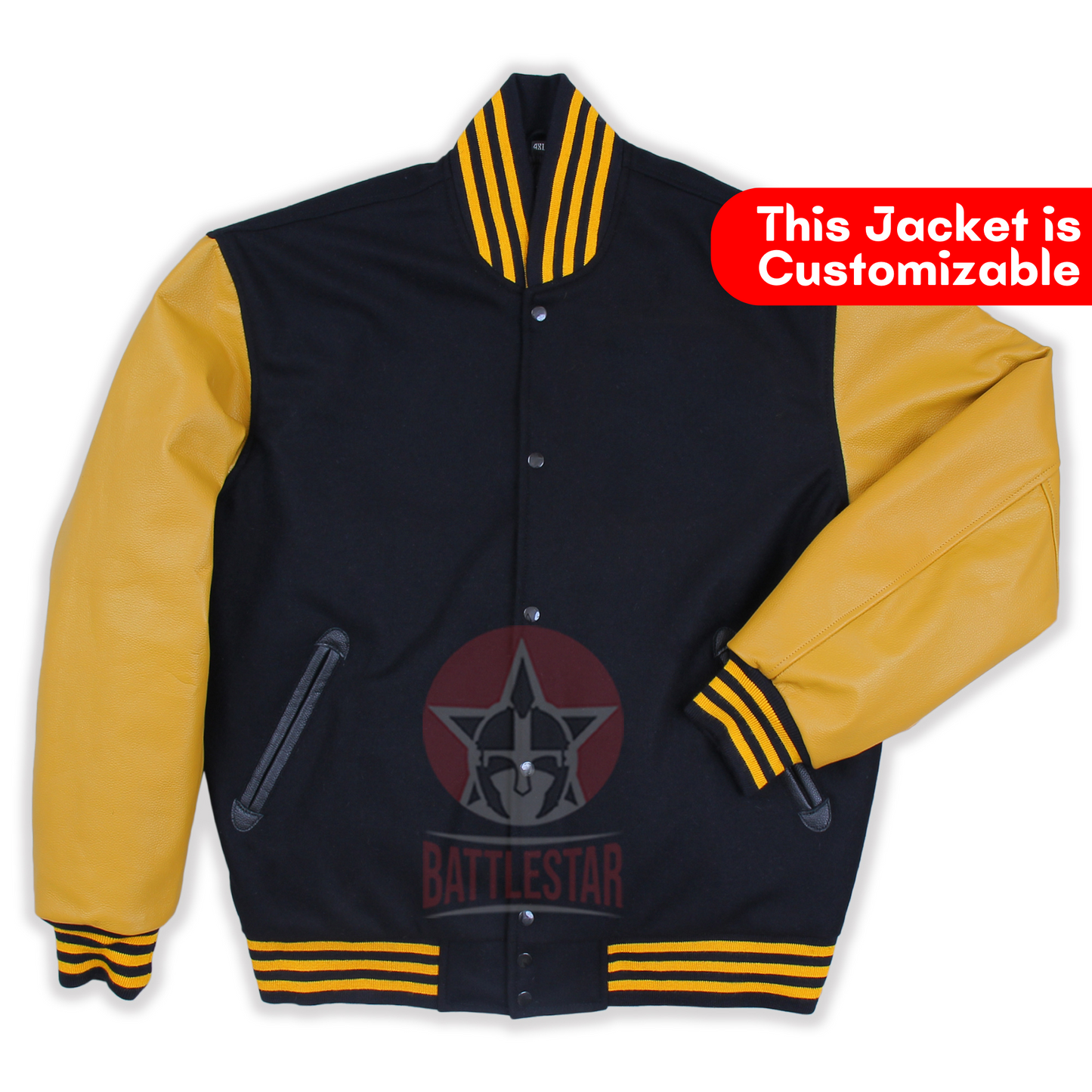 Black Wool Gold Yellow Leather Sleeves Varsity Jacket