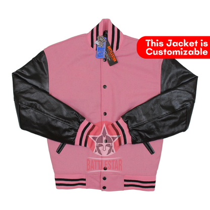 Pink Wool Varsity Jacket Black Leather Sleeves