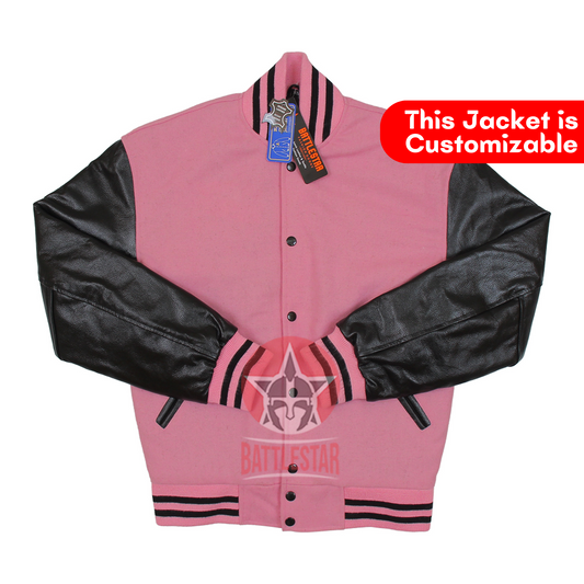 Pink Wool Varsity Jacket Black Leather Sleeves