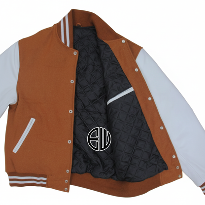 Brown Wool White Leather Sleeves Varsity Baseball Jacket