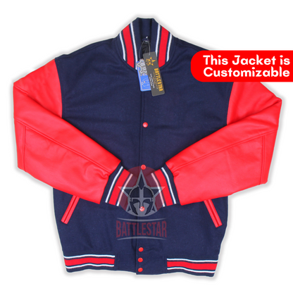 Navy Blue Wool Varsity Jacket Red Leather Sleeves