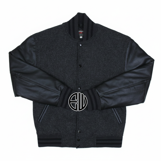Dark Gray Wool Black Leather Sleeves Varsity Baseball Jacket