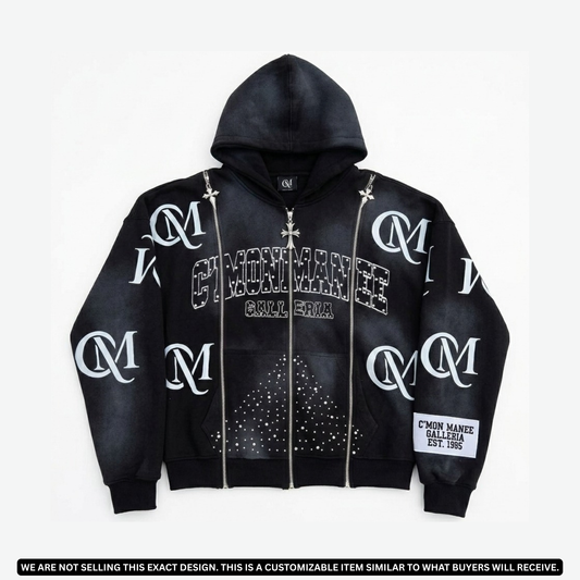 Premium Custom Zip-Up Hoodie Manufacturer | Rhinestone & Multi-Zipper Detailing | Bulk Orders & Wholesale