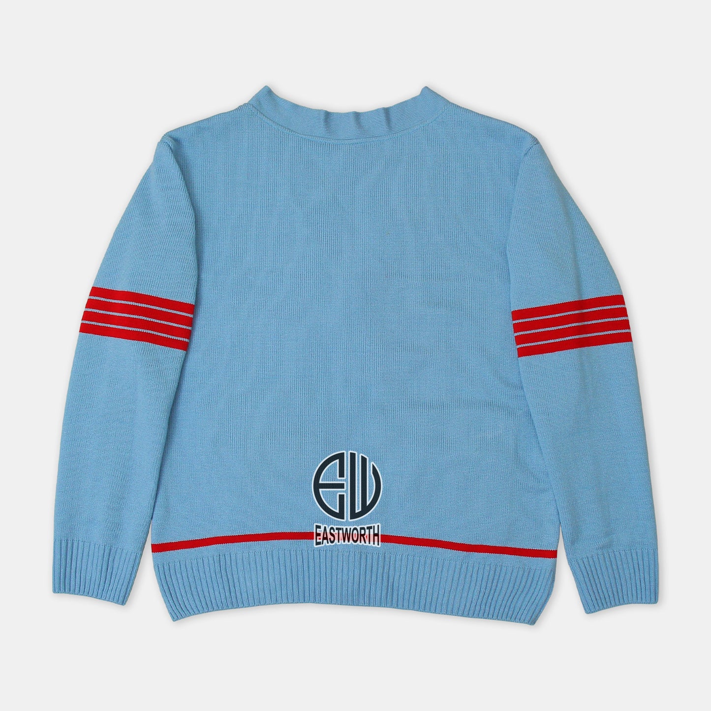 Handmade Unisex Jacquard Knitted Sky Blue & Red Cardigan School College Graduation Greek Sweater