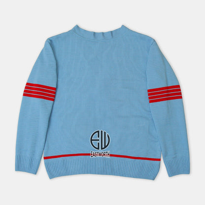 Handmade Unisex Jacquard Knitted Sky Blue & Red Cardigan School College Graduation Greek Sweater