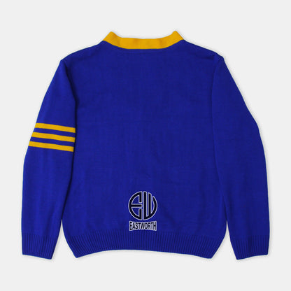Handmade Unisex Jacquard Knitted Royal Blue & Yellow Cardigan School College Graduation Greek Sweater