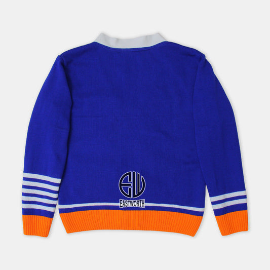Handmade Unisex Jacquard Knitted Royal Blue-White & Orange Cardigan School College Graduation Greek Sweater