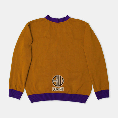 Handmade Unisex Jacquard Knitted Old Gold & Purple Cardigan School College Graduation Greek Sweater