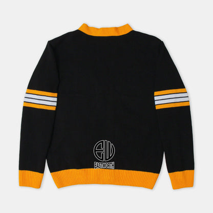 Handmade Unisex Jacquard Knitted Black & Gold Yellow Cardigan School College Graduation Greek Sweater