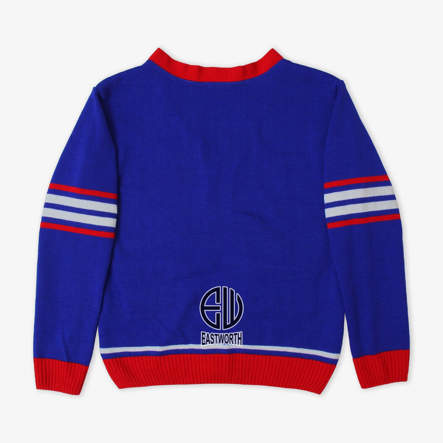 Handmade Unisex Jacquard Knitted Royal Blue & Red Cardigan School College Graduation Greek Sweater
