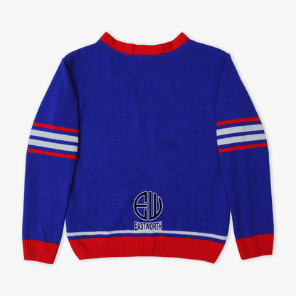 Handmade Unisex Jacquard Knitted Royal Blue & Red Cardigan School College Graduation Greek Sweater