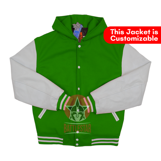 Kelly Green Wool Black White Leather Hooded Baseball Letterman Varsity Jacket