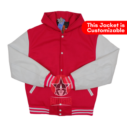 Hot Pink Wool White Leather Hooded Baseball Letterman Varsity Jacket