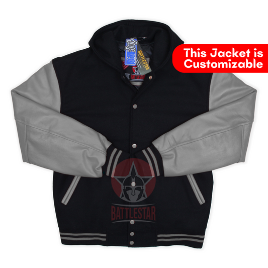 Black Wool Gray Leather Sleeves Hooded Varsity Jacket
