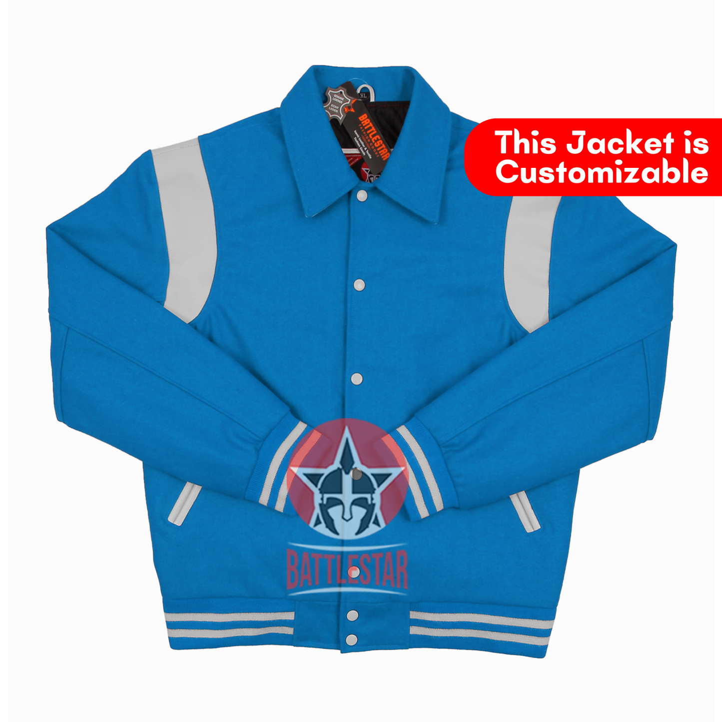 Byron Collar Sky Blue Wool White Leather Stripes Varsity Baseball Jacket