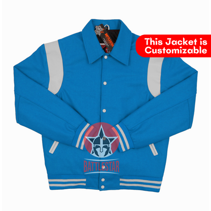 Byron Collar Sky Blue Wool White Leather Stripes Varsity Baseball Jacket
