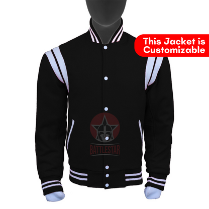 Black Wool White Leather Stripes Stylish Varsity Jacket