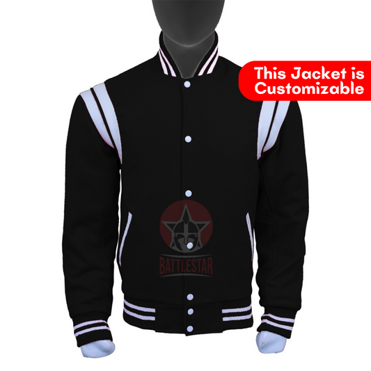 Black Wool White Leather Stripes Stylish Varsity Jacket